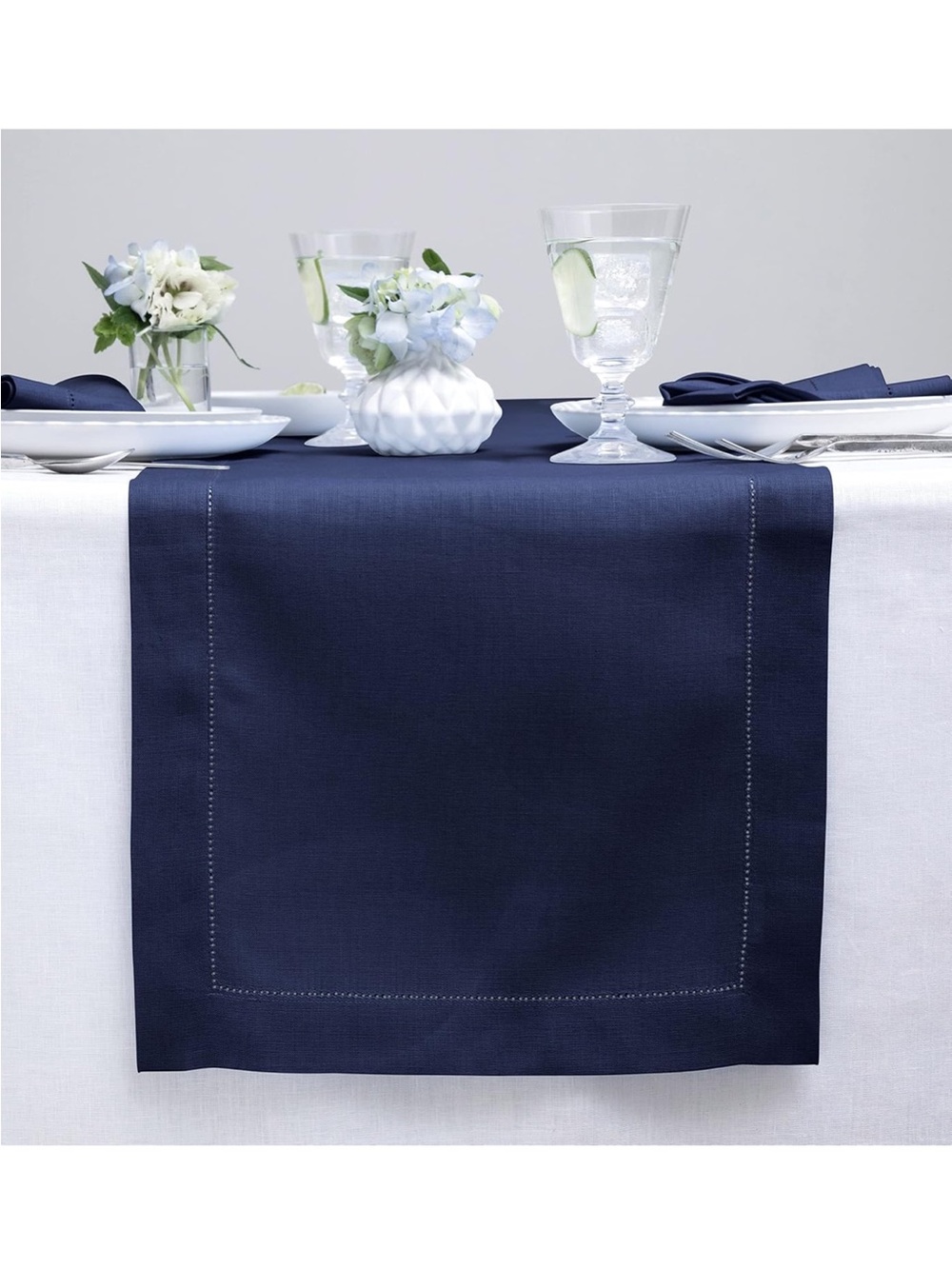 NEW Solino Home 100% Pure Linen Table Runner Navy, Classic Hemstitch 14 x 90 in